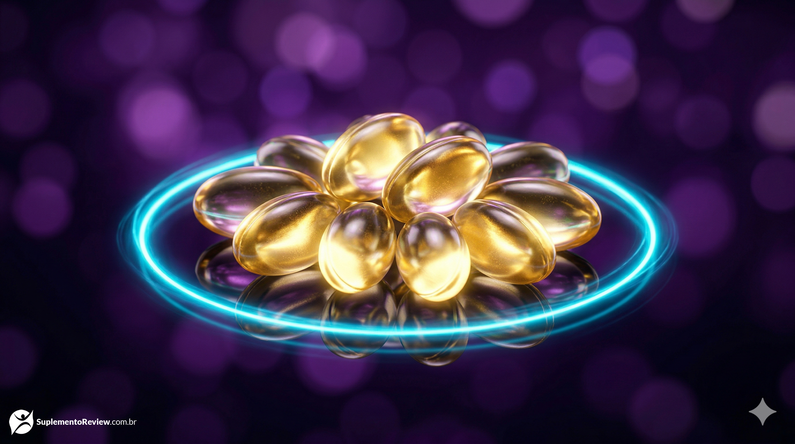 Cápsulas de gel douradas brilhando intensamente como o sol, cercadas por uma aura ciano sobre um fundo luxuoso de ametista e roxo profundo.