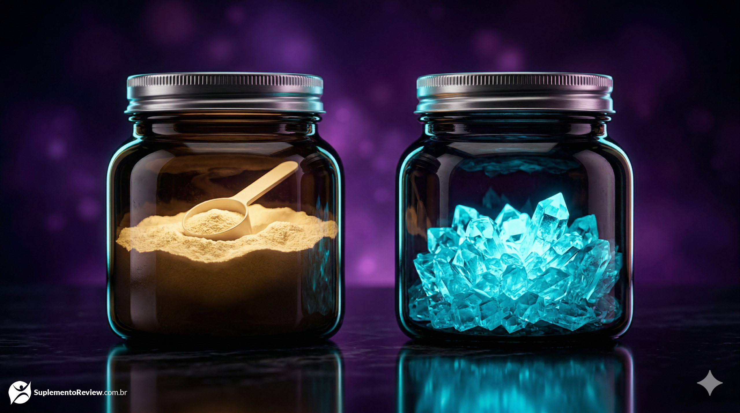 Pós de proteína isolada e cristais de aminoácidos iluminados com luz ciano brilhante e dourada, armazenados em recipientes de vidro clínico escuro sobre um fundo sofisticado roxo profundo.