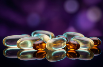 Cápsulas translúcidas de ômega 3 e óleo de krill brilhando com um tom dourado pálido sobre uma superfície clínica, contrastando com um fundo de luxo sombrio em tons de roxo profundo e ciano.
