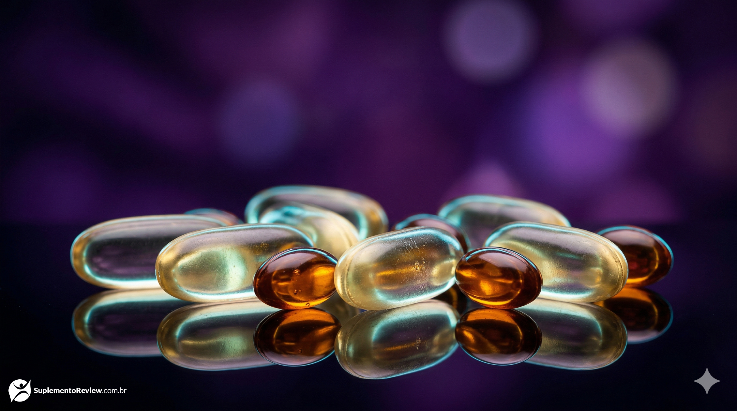 Cápsulas translúcidas de ômega 3 e óleo de krill brilhando com um tom dourado pálido sobre uma superfície clínica, contrastando com um fundo de luxo sombrio em tons de roxo profundo e ciano.
