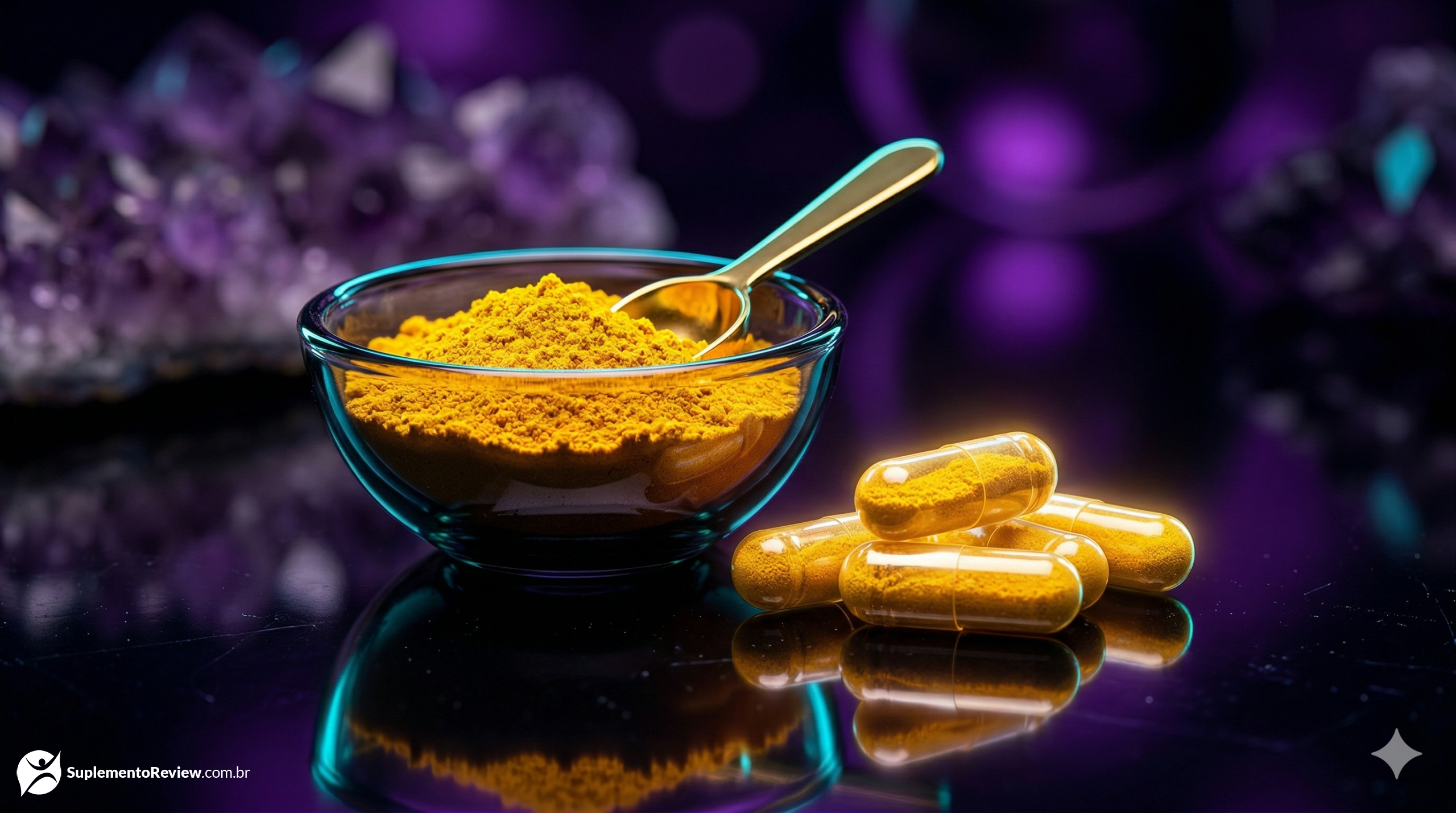 Extrato amarelo vibrante de berberina em forma de pó e cápsulas sobre uma superfície de vidro negro, com iluminação ciano e roxo profundo ao fundo.