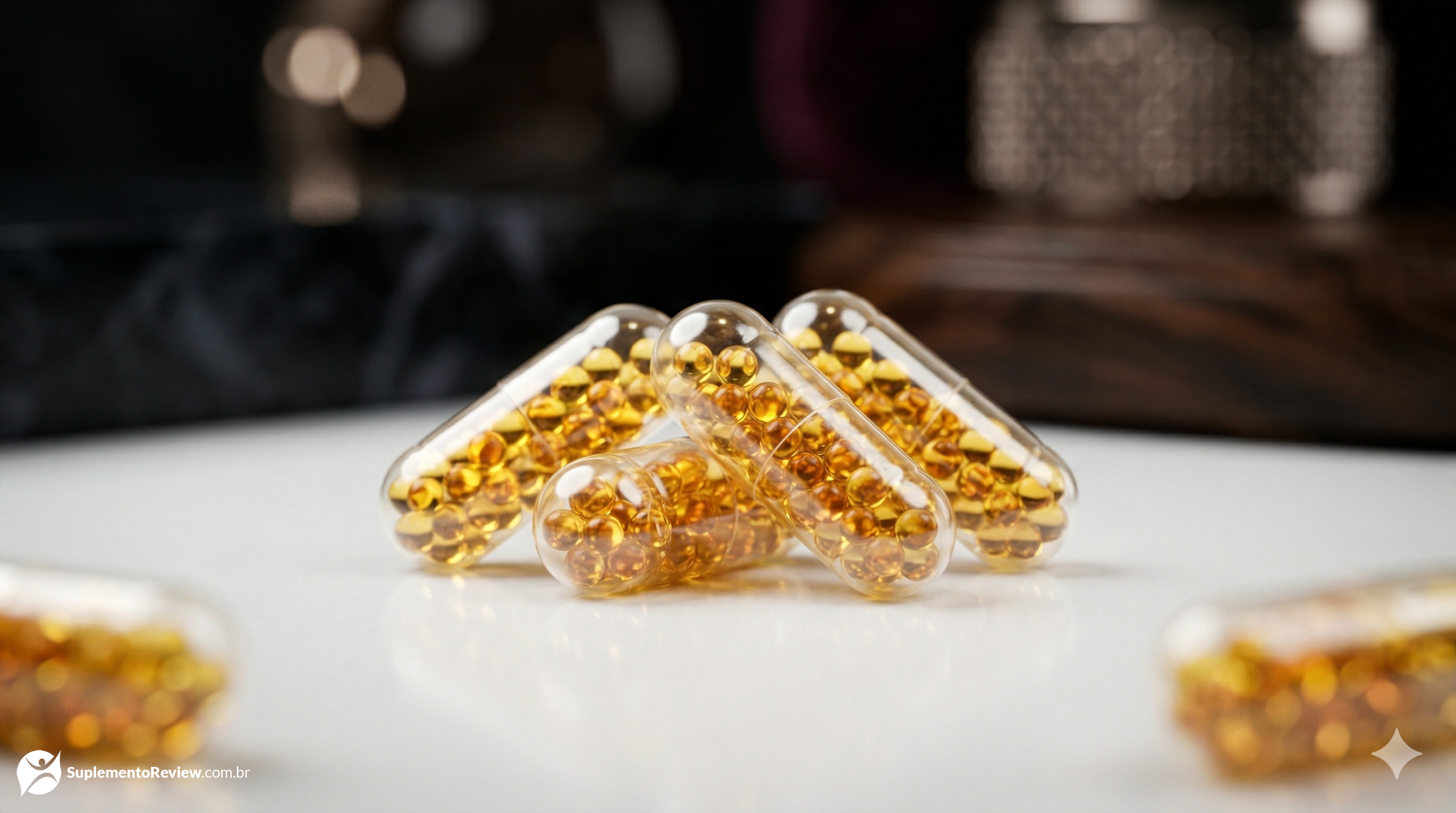 Composição premium mostrando cápsulas translúcidas contendo microesferas douradas, cercadas por luz suave, representando a alta biodisponibilidade de vitaminas e minerais.