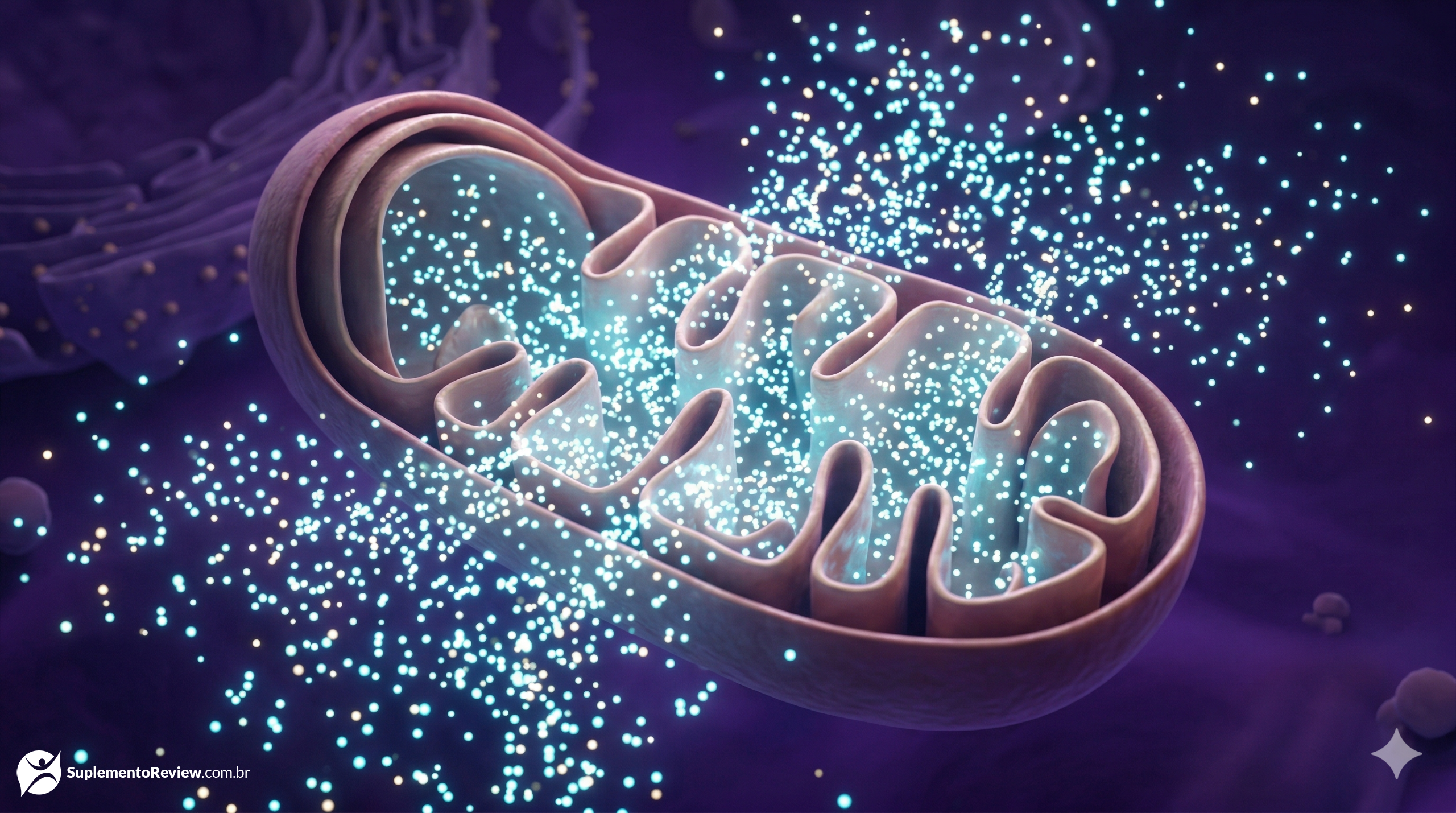 Visualização 3D macrostracta do interior de uma célula, mostrando uma mitocôndria saudável gerando abundantes partículas de energia luminosa (ATP) em um ambiente imerso em tons profundos de violeta e ciano.