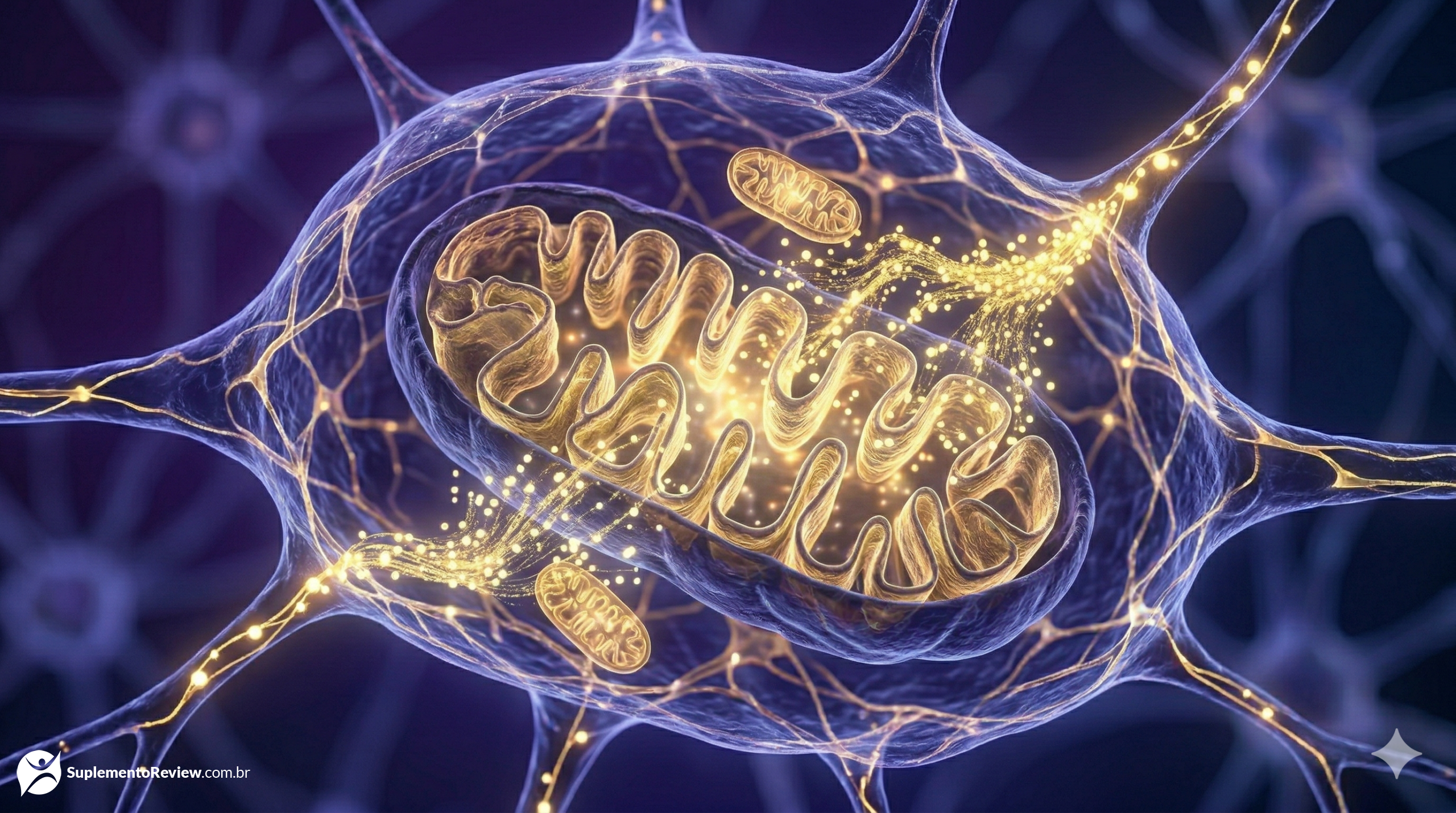 Visualização abstrata em 3D de células neurais contendo mitocôndrias luminosas em processo de multiplicação, simbolizando a biogênese celular.