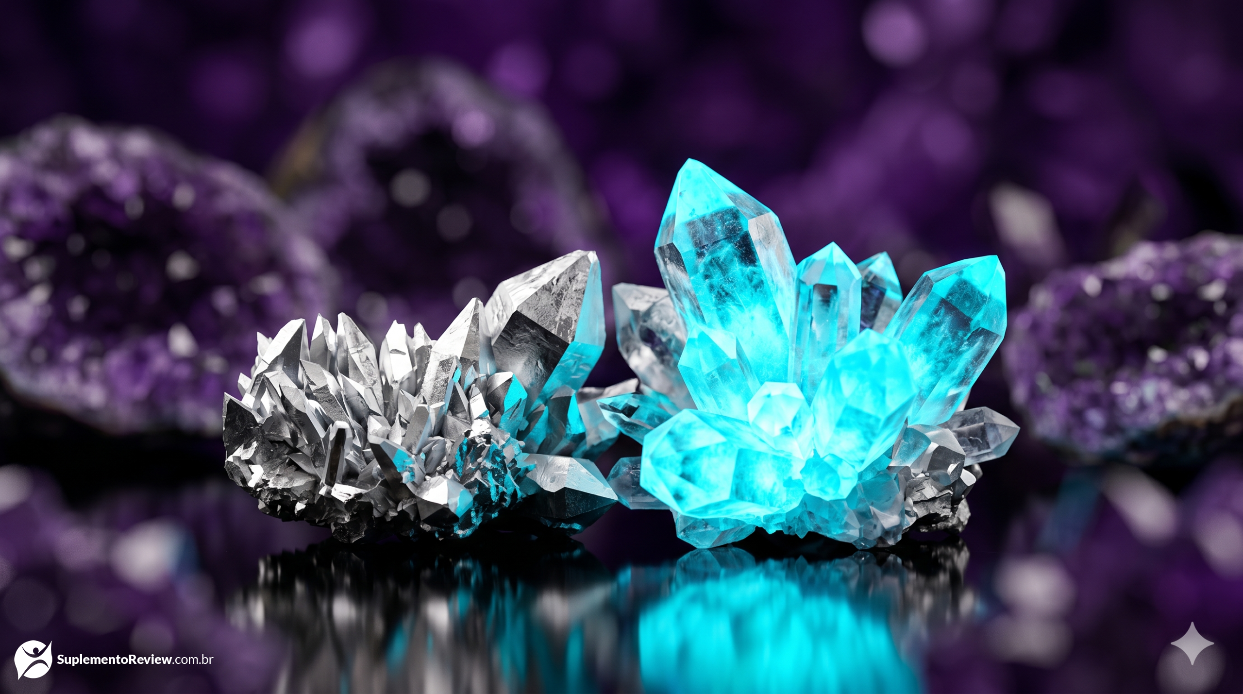 Cristais minerais de boro em tons de prata e ciano brilhando intensamente sobre uma base negra, com reflexos de luz ametista e roxo em estilo dark luxury.