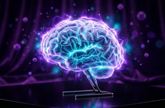 Representação visual de um cérebro humano estilizado brilhando em ciano e roxo, com conexões neurais complexas simbolizando a capacidade cognitiva superior.