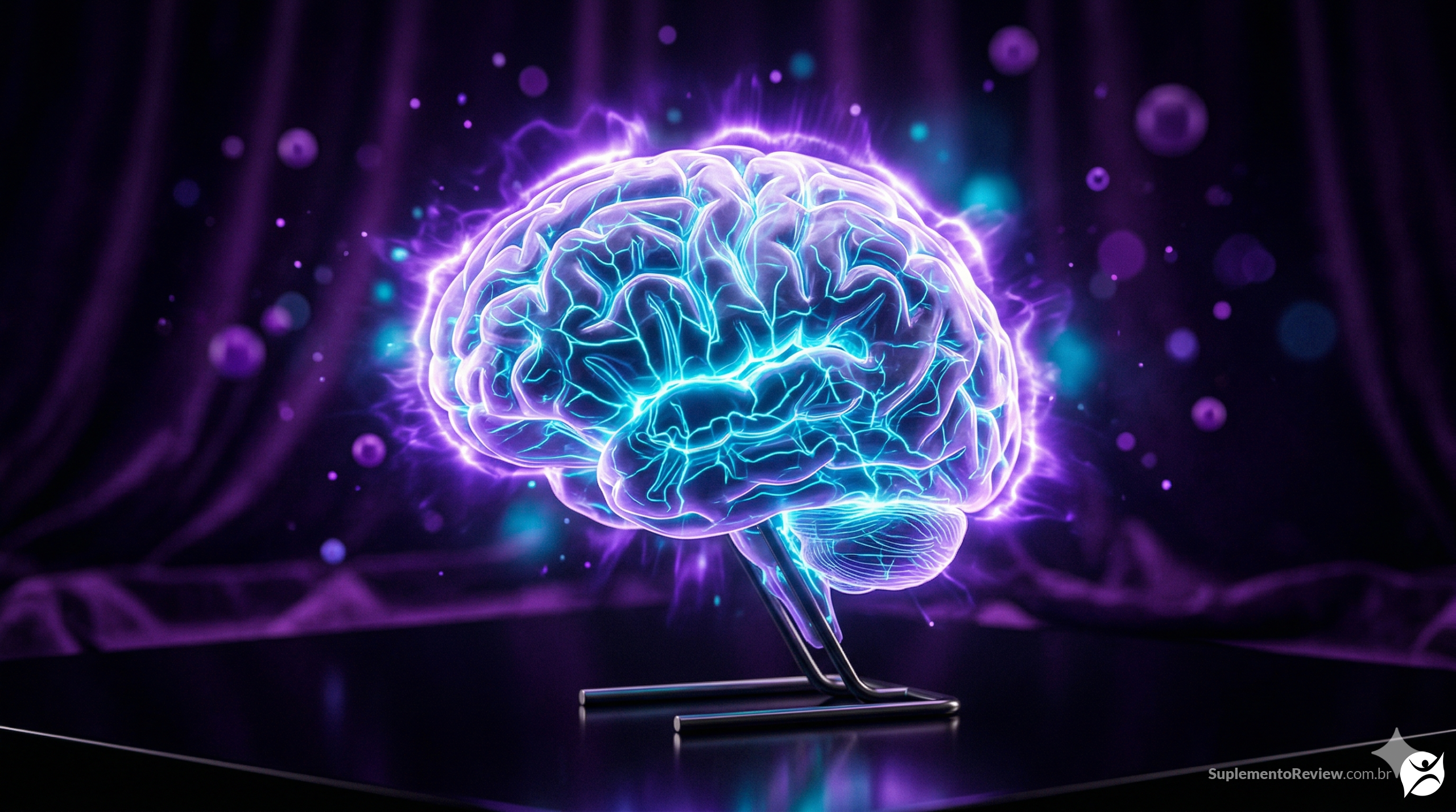 Representação visual de um cérebro humano estilizado brilhando em ciano e roxo, com conexões neurais complexas simbolizando a capacidade cognitiva superior.