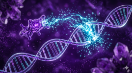 Visualização 3D de uma hélice de DNA sendo "reparada" por faíscas ciano de grupos metil doados por uma molécula de TMG em tons de roxo e dourado.