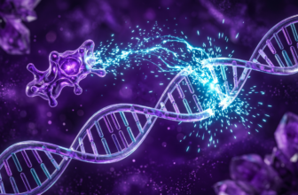 Visualização 3D de uma hélice de DNA sendo "reparada" por faíscas ciano de grupos metil doados por uma molécula de TMG em tons de roxo e dourado.