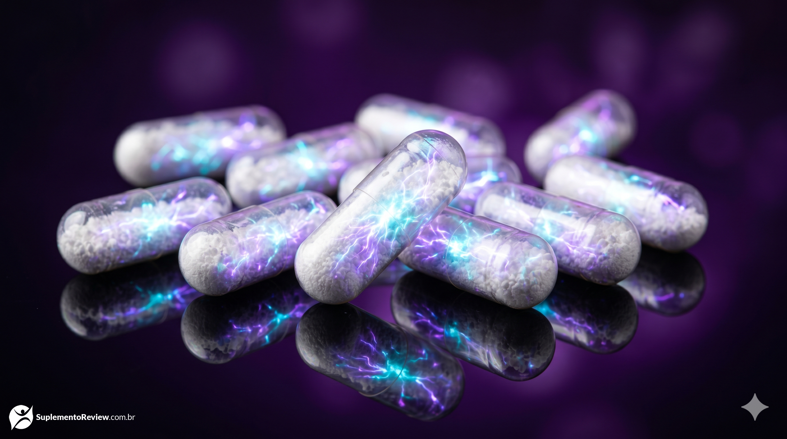Cápsulas translúcidas contendo um pó branco cristalino de Alpha-GPC, brilhando com pulsos de luz ciano e violeta sobre uma superfície negra luxuosa.