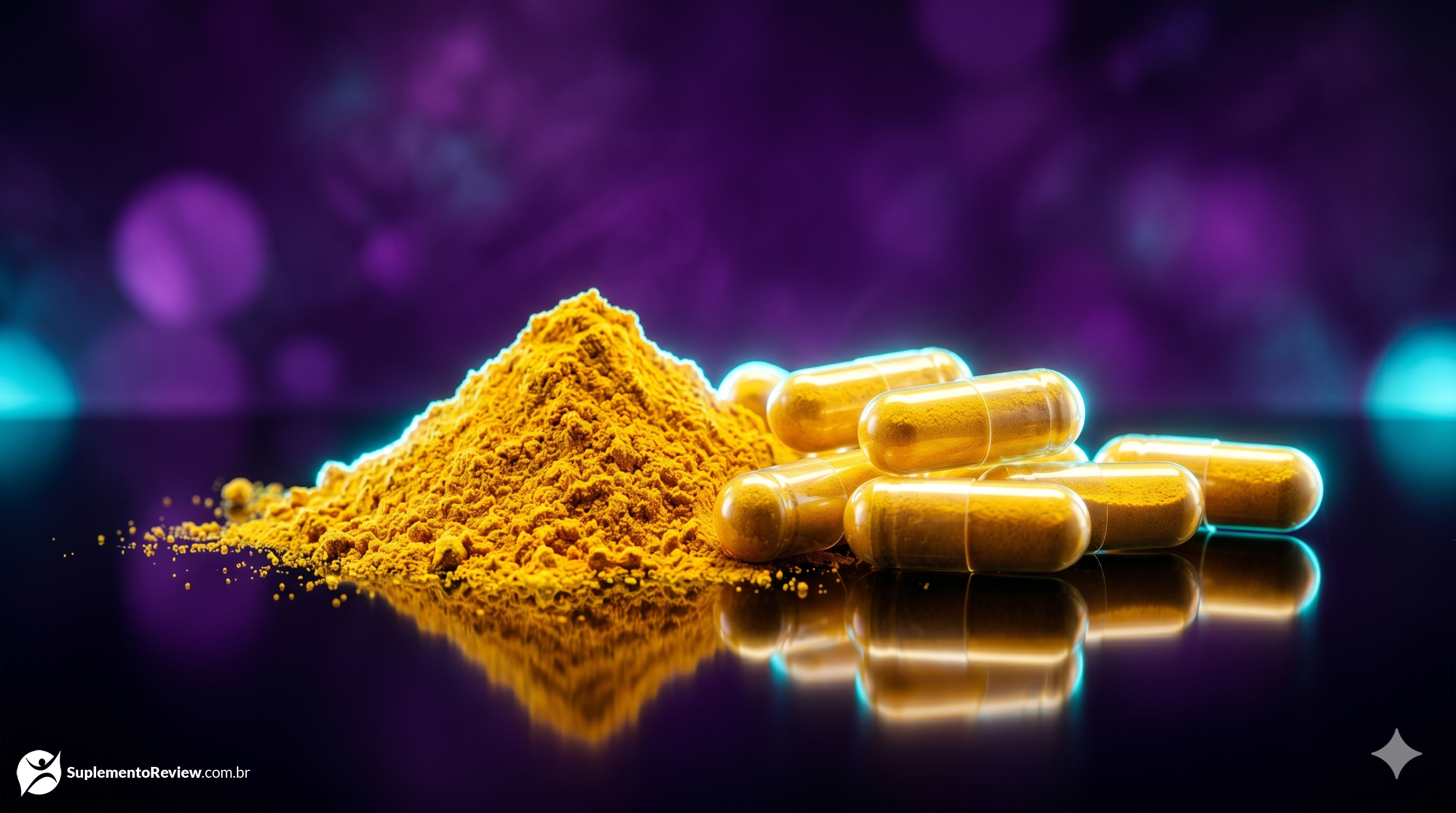 Extrato de curcumina em pó dourado vibrante e cápsulas premium sobre uma superfície negra, com reflexos neon em roxo e ciano, estilo dark luxury.