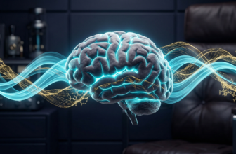 Representação visual fotorealista e abstrata de um cérebro humano pulsando com ondas de energia dourada e azul ciano, simbolizando a produção de ATP e a energia cognitiva.