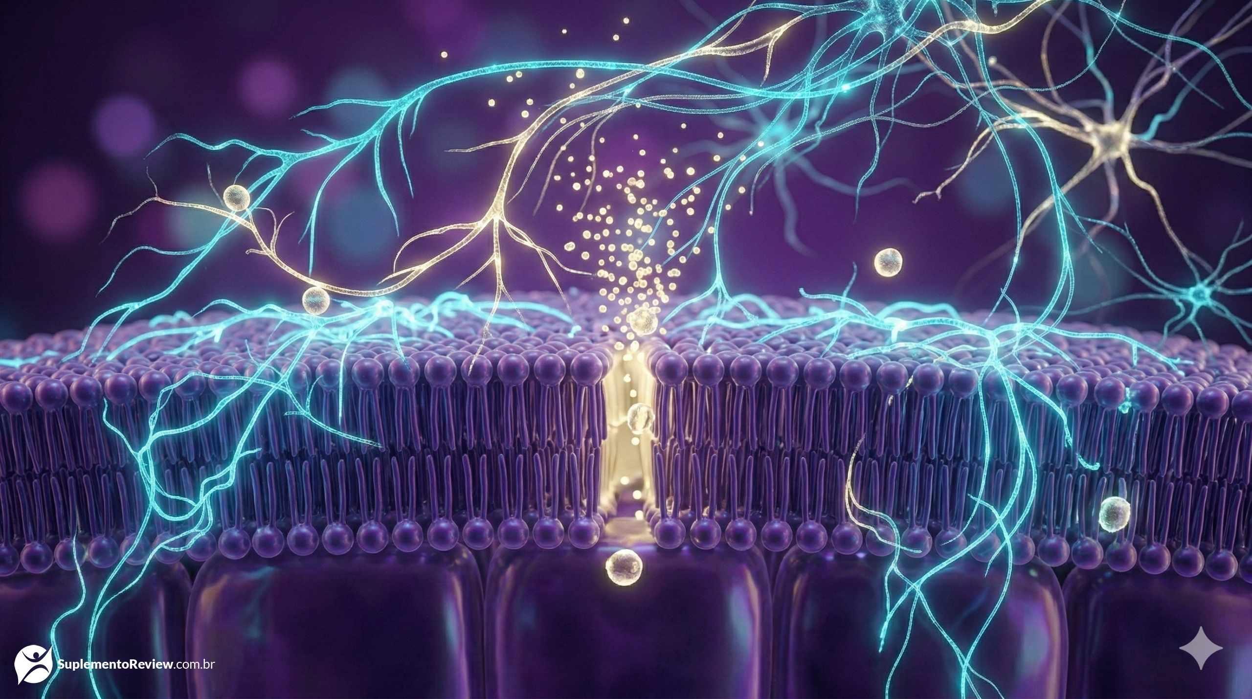 Visualização 3D macro da bicamada lipídica de uma membrana celular fluida e saudável, absorvendo partículas de ômega 3 iluminadas em tons de dourado e ciano.