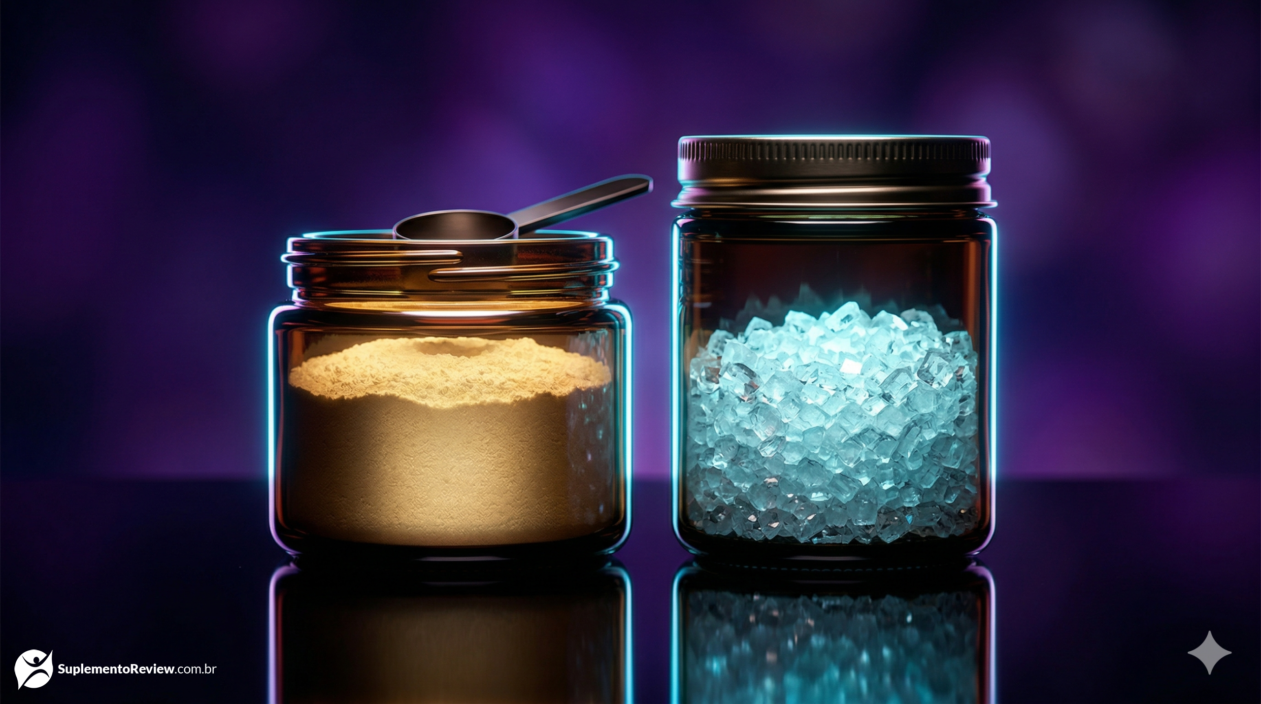 Composição premium de suplementos para hipertrofia, incluindo creatina cristalina e aminoácidos essenciais (EAAs) brilhando em tons ciano, sobre um fundo de luxo sombrio roxo escuro.