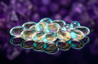 Cápsulas premium de extrato de Ashwagandha e Rhodiola brilhando suavemente em tons dourados e cianos sobre uma superfície reflexiva escura, envoltas num ambiente de luxo sombrio roxo.