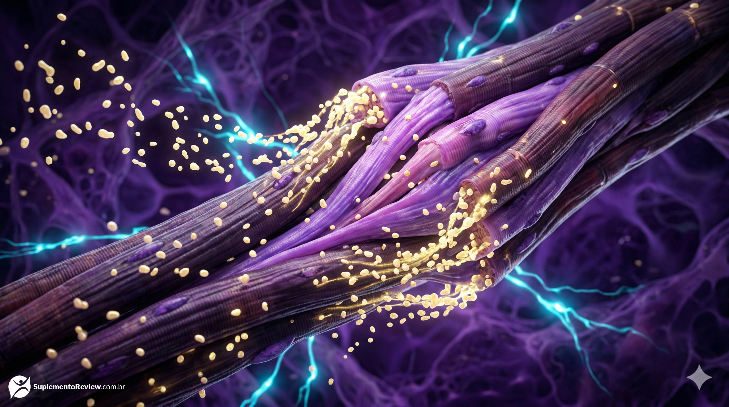 Visualização 3D macrostracta de fibras musculares sendo reconstruídas e expandidas por partículas luminosas de aminoácidos, num ambiente celular em tons de ametista e ciano.