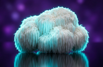 O cogumelo Lion's Mane com sua textura de "juba" branca brilhando sob luz ciano etérea, em um cenário de luxo sombrio com tons de roxo profundo e ametista.