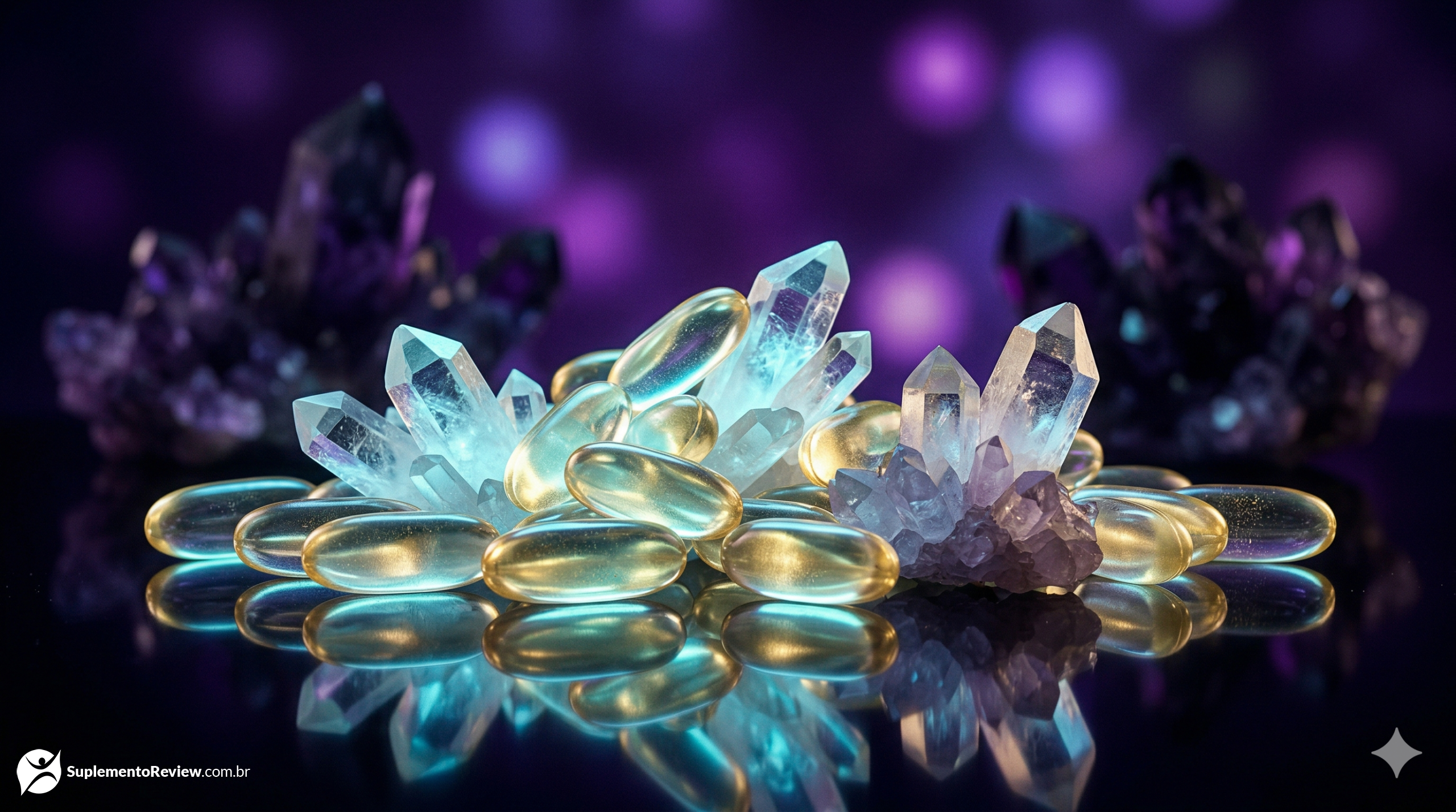 Cápsulas de magnésio translúcidas brilhando com uma luz ciano suave sobre uma estrutura de cristais de ametista e fundo roxo luxuoso.