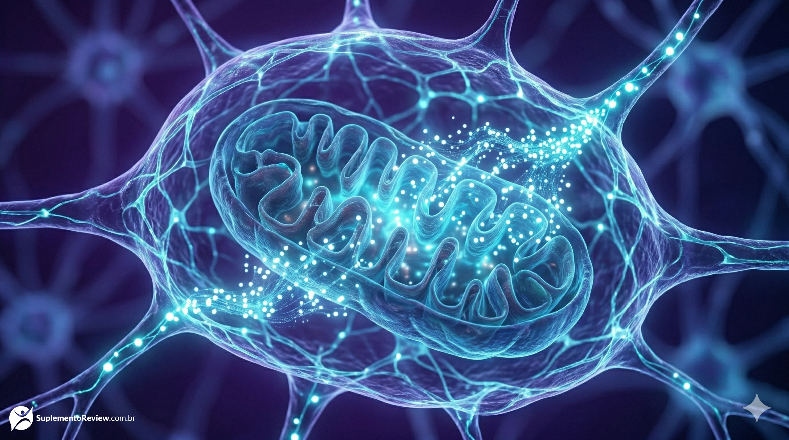 Visualização abstrata em 3D de uma mitocôndria saudável produzindo partículas brilhantes de energia ATP dentro de uma célula neural, simbolizando a otimização da energia cognitiva.