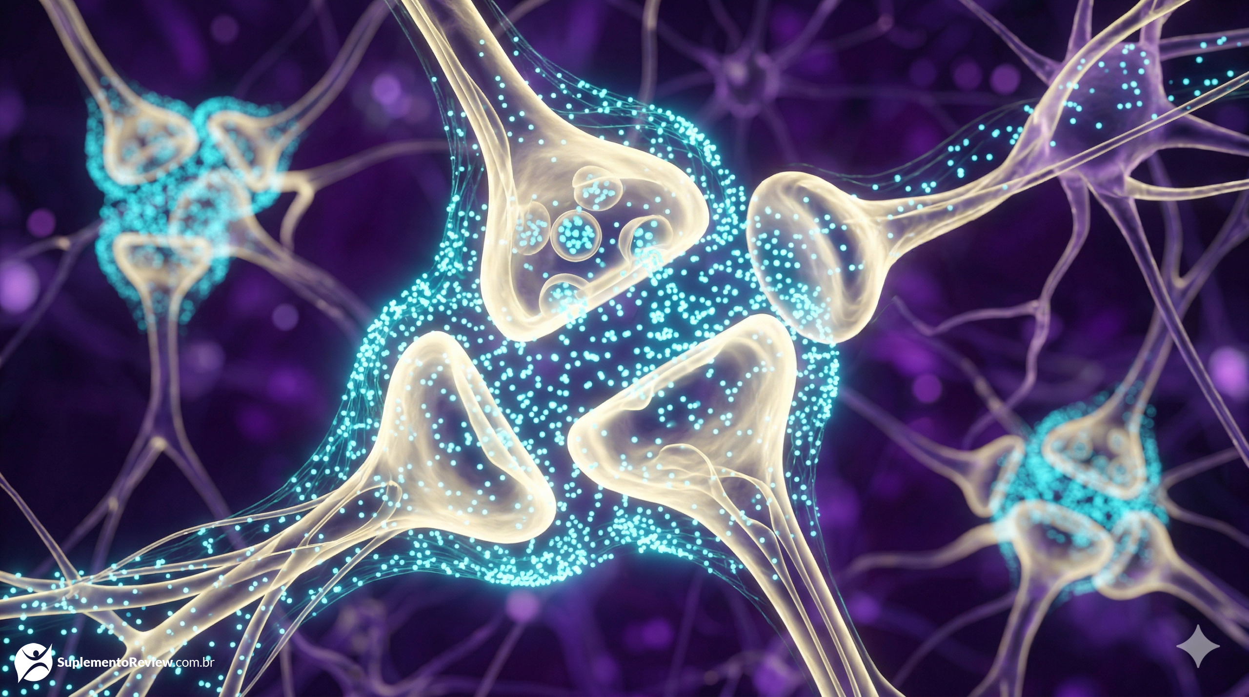 Visualização 3D macro abstrata do sistema nervoso central, mostrando sinapses cerebrais brilhando em dourado sendo suavemente envolvidas e acalmadas por partículas ciano (GABA) em um ambiente violeta profundo.