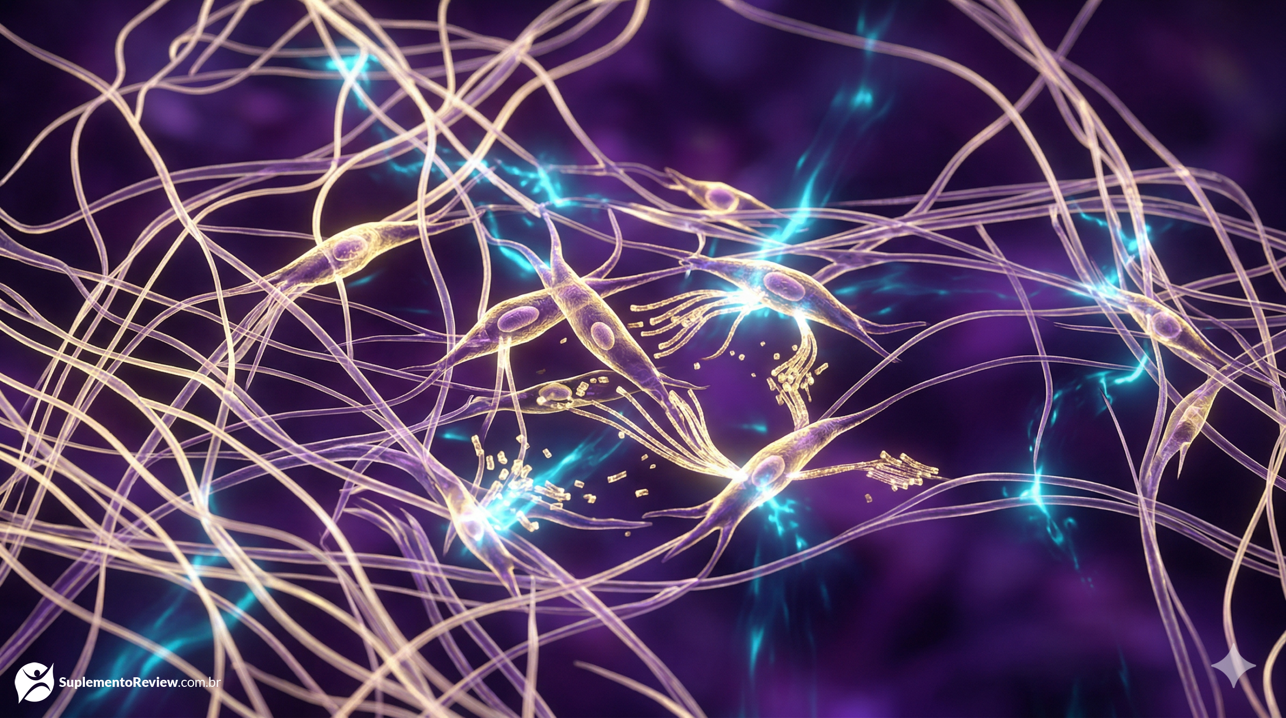 Visualização 3D macrostracta das camadas da pele, mostrando a matriz de colágeno e fibroblastos brilhando em dourado enquanto são reconstruídos em um ambiente celular de tons violeta e ciano.