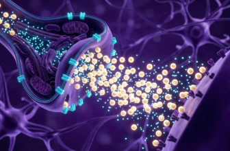 Visualização 3D de uma sinapse neuronal onde vesículas douradas de acetilcolina são liberadas em abundância, impulsionadas por partículas de colina ciano.