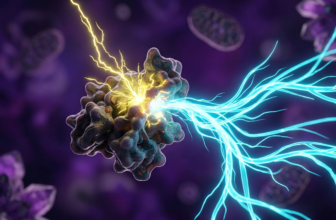 Visualização 3D de um sensor molecular (AMPK) sendo ativado por faíscas amarelas de berberina, desencadeando um fluxo de energia ciano dentro da célula.