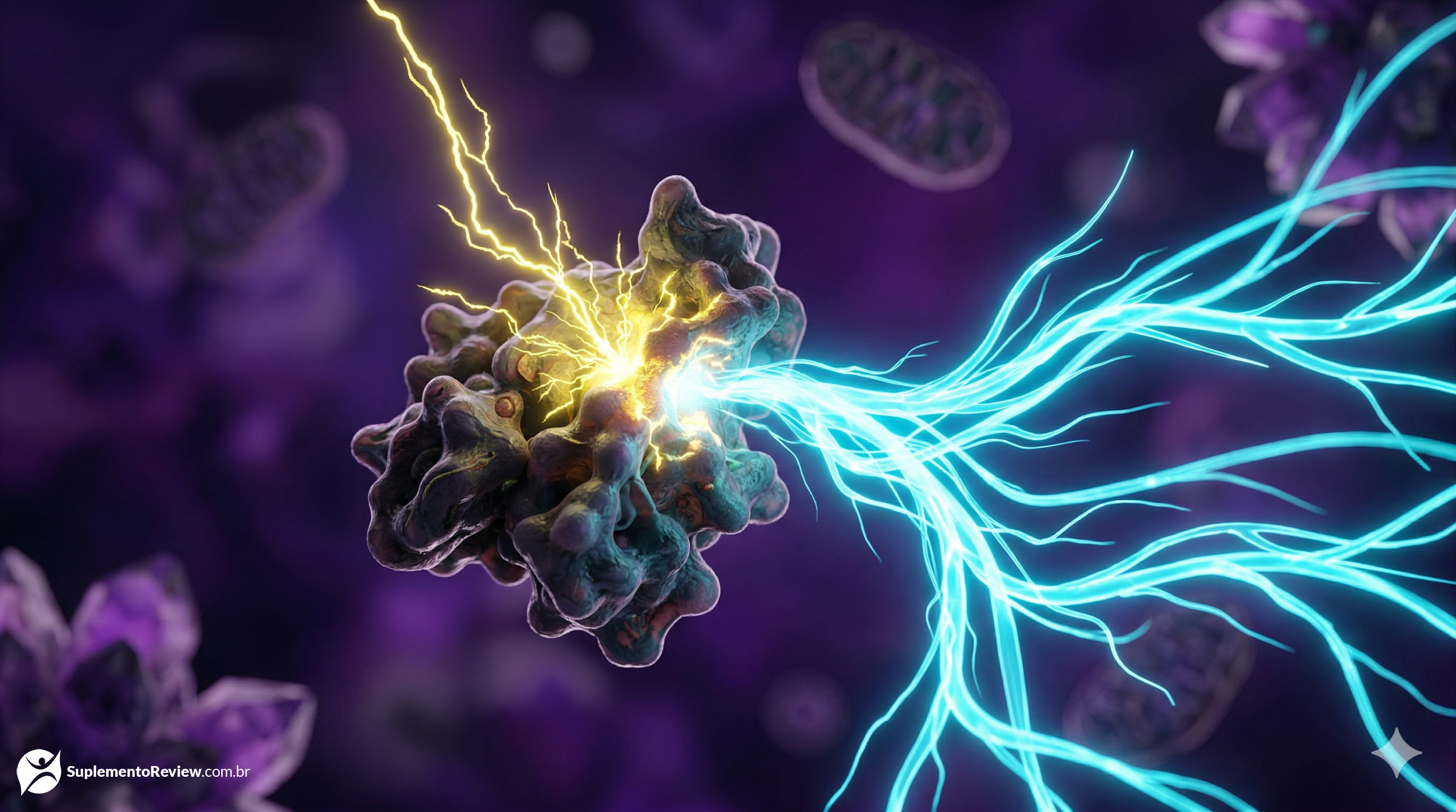 Visualização 3D de um sensor molecular (AMPK) sendo ativado por faíscas amarelas de berberina, desencadeando um fluxo de energia ciano dentro da célula.