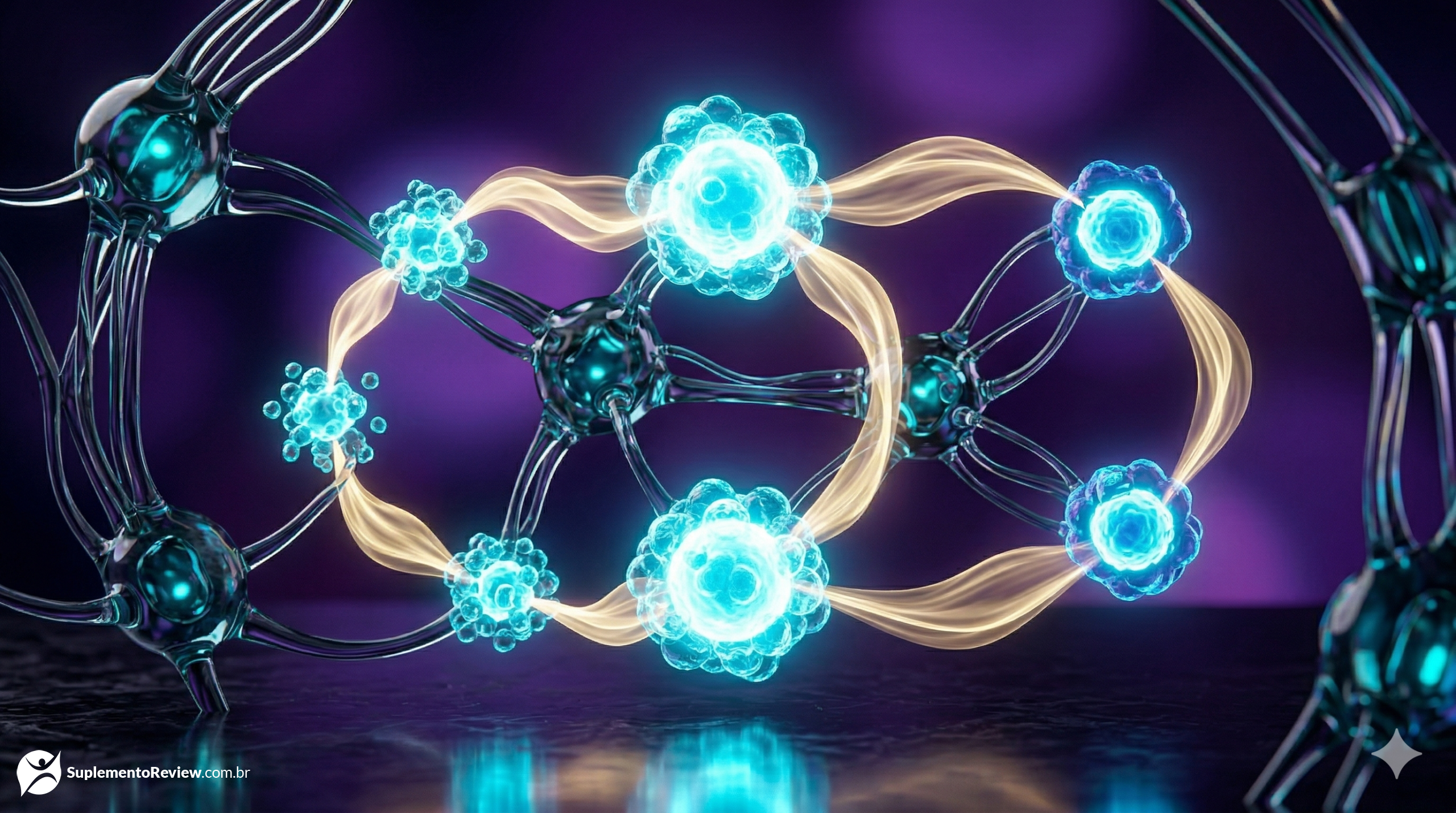 Renderização 3D de alta tecnologia mostrando partículas de energia douradas sendo transferidas entre moléculas dentro de uma célula muscular vibrante em tons de roxo e ciano.