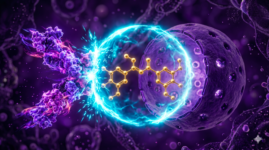Visualização 3D de uma molécula de curcumina dourada bloqueando a entrada de um sinal inflamatório (NF-kB) no núcleo de uma célula roxa.