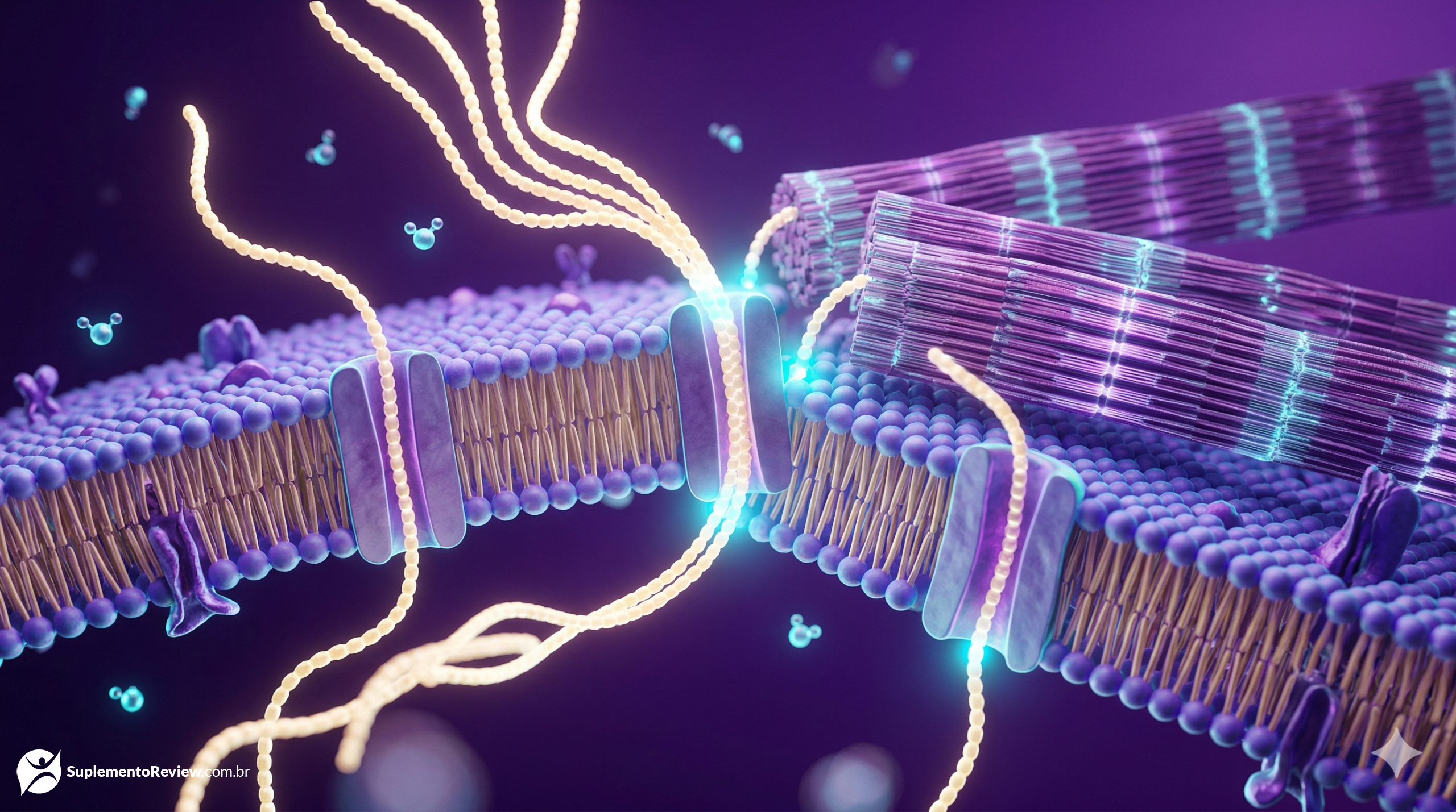 Representação 3D abstrata de uma membrana celular atravessada por cadeias luminosas de aminoácidos dourados e cianos em um ambiente celular violeta escuro, reconstruindo tecido estriado.