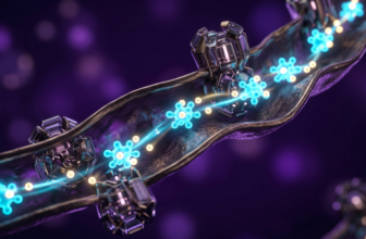 Visualização 3D de uma mitocôndria interna com partículas de CoQ10 ciano transportando energia dourada através de canais moleculares.