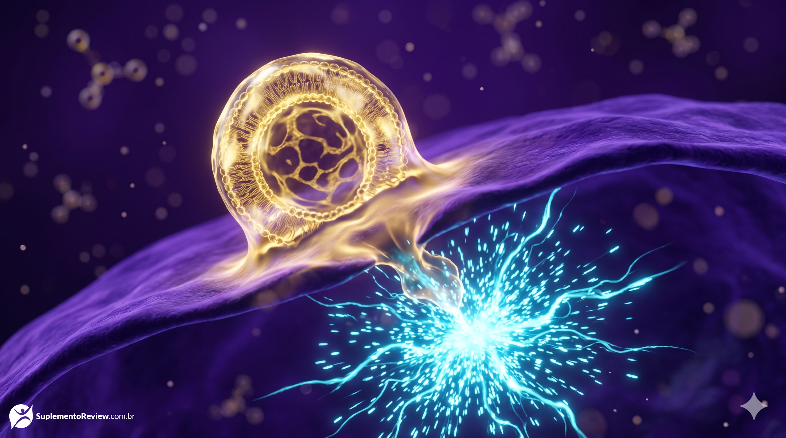 Visualização 3D de uma esfera lipossomal dourada fundindo-se com uma membrana celular roxa, libertando luz ciano (Vitamina C) diretamente no interior da célula.