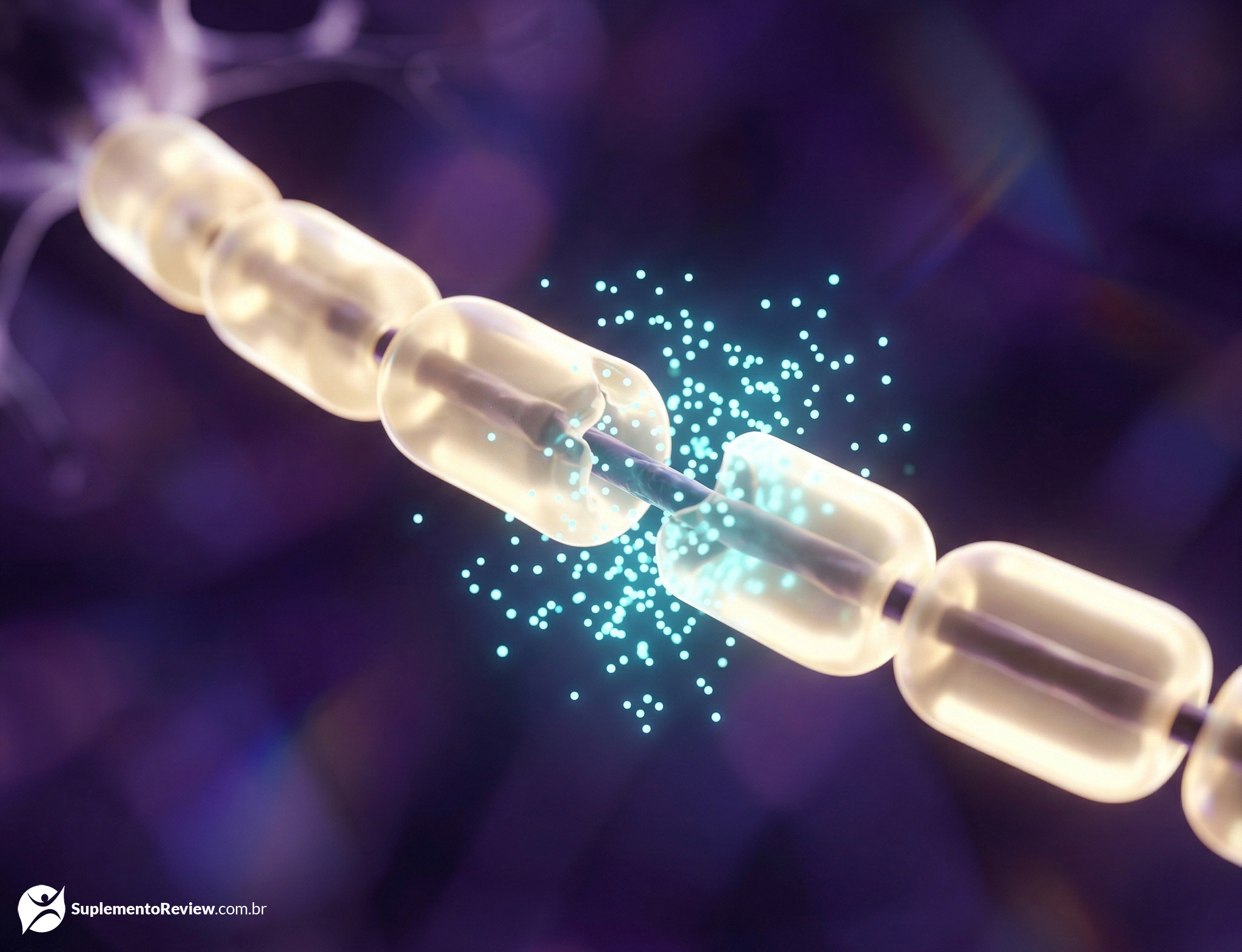 Visualização 3D de um neurônio sendo revestido por uma bainha de mielina dourada e brilhante, impulsionada por partículas de energia ciano do Lion's Mane, ambiente violeta profundo.