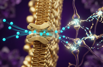 Ilustração 3D abstrata de partículas de magnésio ciano atravessando uma barreira luminosa para iluminar neurónios em um ambiente cerebral roxo profundo.