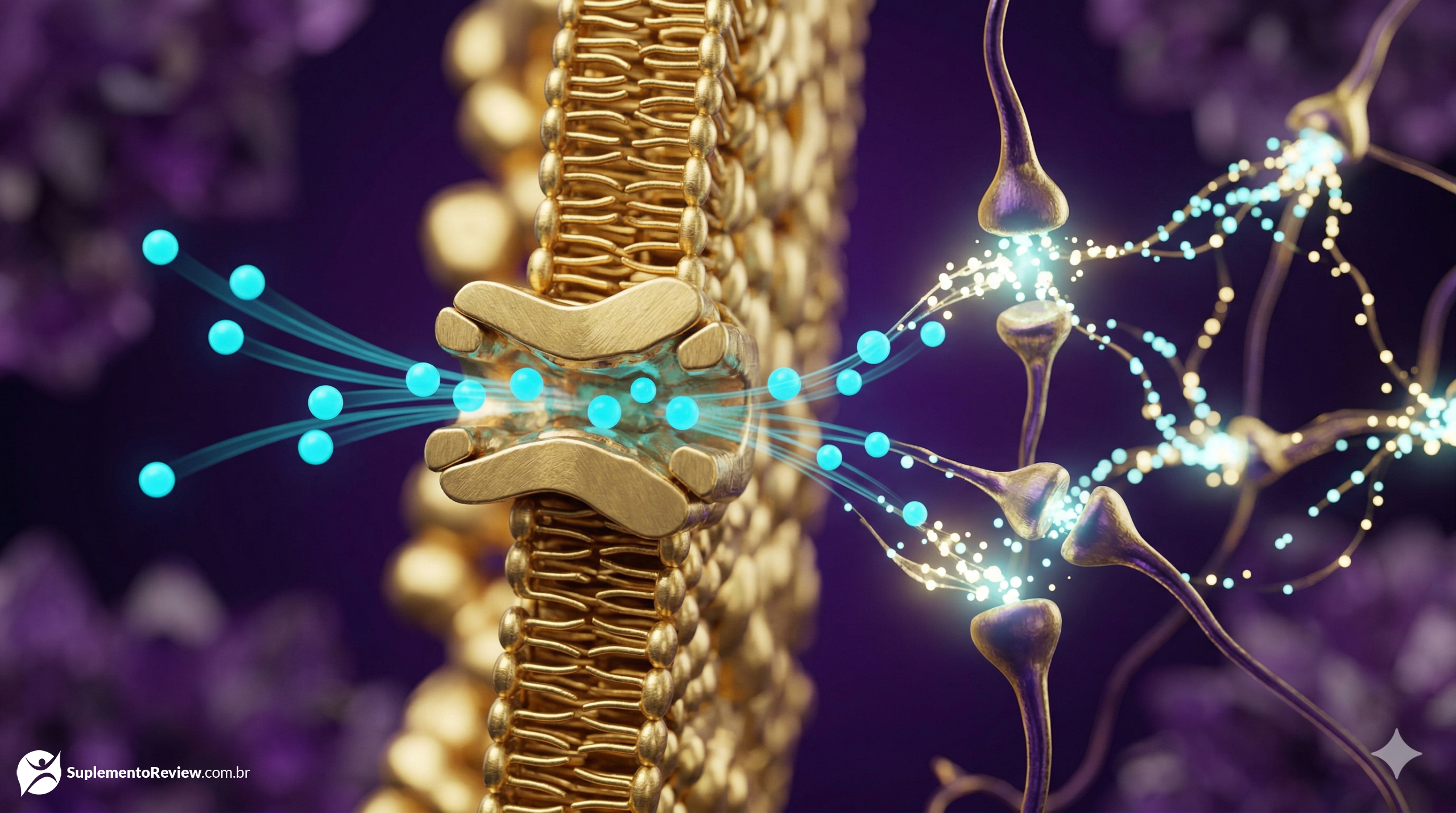 Ilustração 3D abstrata de partículas de magnésio ciano atravessando uma barreira luminosa para iluminar neurónios em um ambiente cerebral roxo profundo.