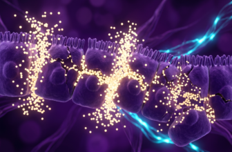 Visualização 3D de células intestinais (enterócitos) sendo seladas e fortalecidas por partículas luminosas de glutamina, fechando brechas de permeabilidade.