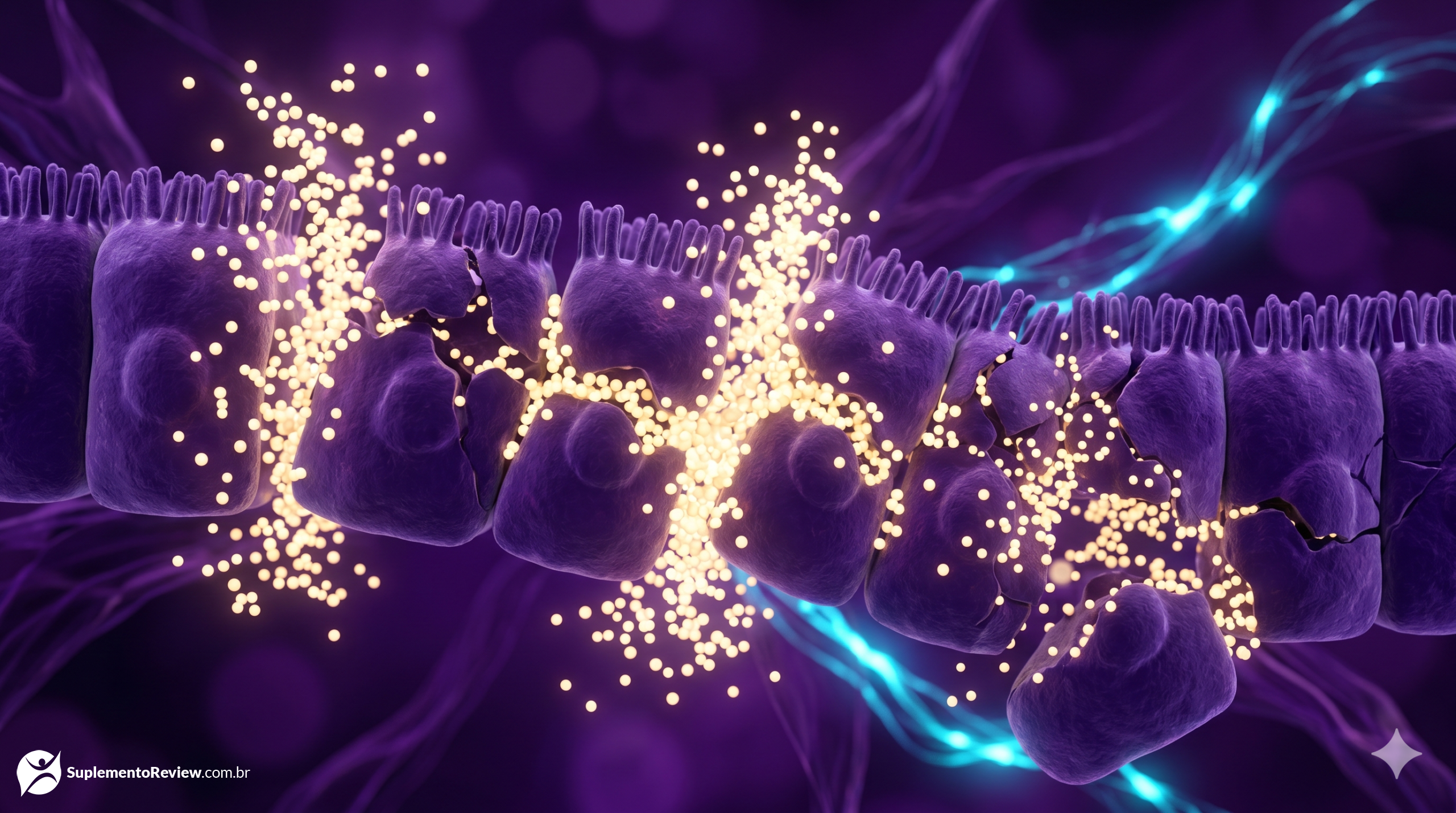 Visualização 3D de células intestinais (enterócitos) sendo seladas e fortalecidas por partículas luminosas de glutamina, fechando brechas de permeabilidade.