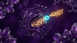 Visualização 3D de uma proteína (SHBG) "soltando" uma molécula hormonal dourada após ser tocada por uma partícula de boro ciano brilhante.