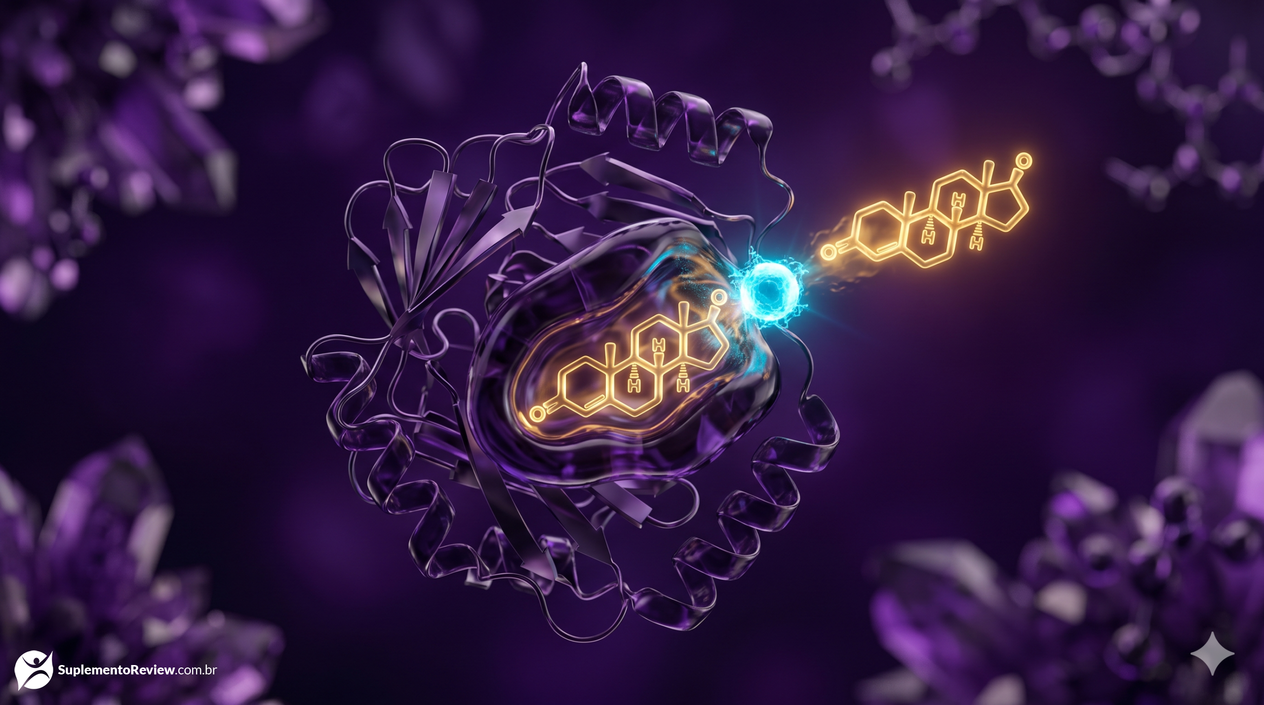 Visualização 3D de uma proteína (SHBG) "soltando" uma molécula hormonal dourada após ser tocada por uma partícula de boro ciano brilhante.