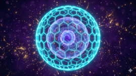 Representação visual 3D de uma célula humana protegida por um escudo hexagonal de glutationa ativado por NAC.