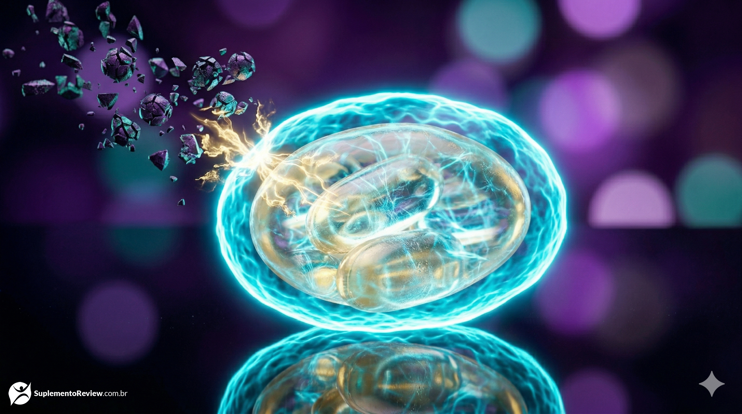 Representação em 3D de uma célula saudável iluminada em tons de ciano brilhante repelindo e neutralizando partículas agressivas (radicais livres) em um ambiente roxo profundo e ametista.