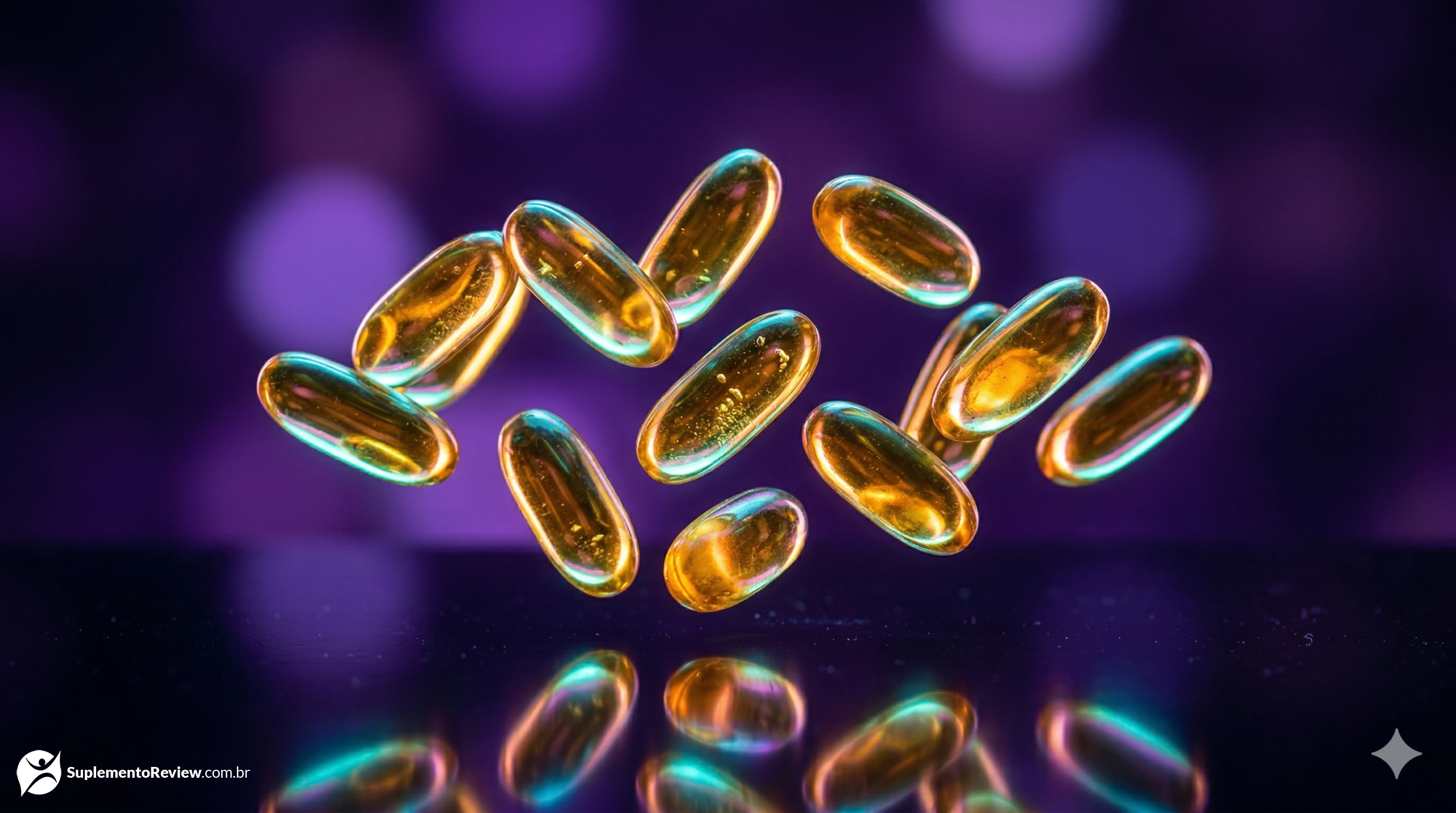 Cápsulas de gel douradas e translúcidas de Ómega-3 flutuando num ambiente de luxo escuro com reflexos ciano e roxos profundos, luz cinematográfica.