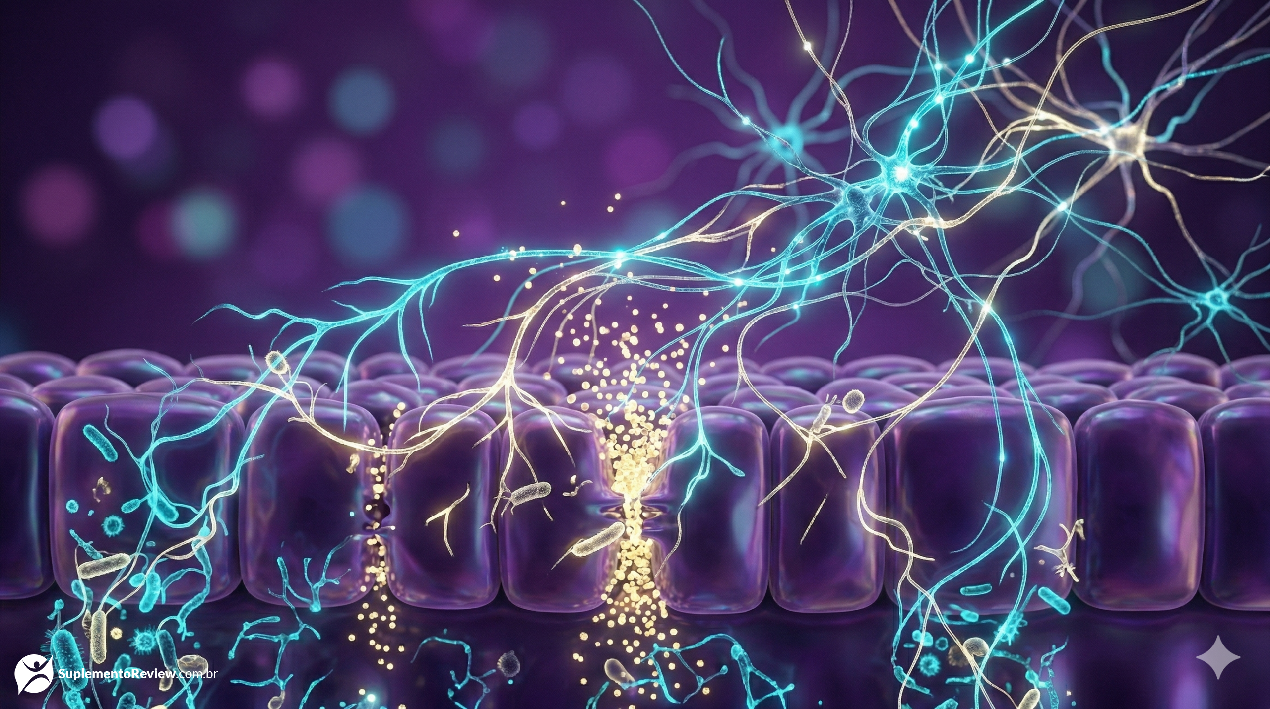 Renderização 3D macro ilustrando células da parede intestinal sendo reparadas por partículas de L-Glutamina douradas em um ambiente de luxo sombrio roxo e ametista.