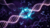 Representação 3D de uma fita de DNA sendo reparada por faíscas de energia ciano e violeta.