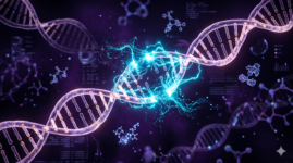 Representação 3D de uma fita de DNA sendo reparada por faíscas de energia ciano e violeta.