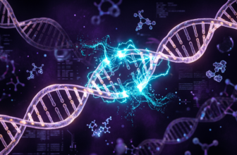 Representação 3D de uma fita de DNA sendo reparada por faíscas de energia ciano e violeta.
