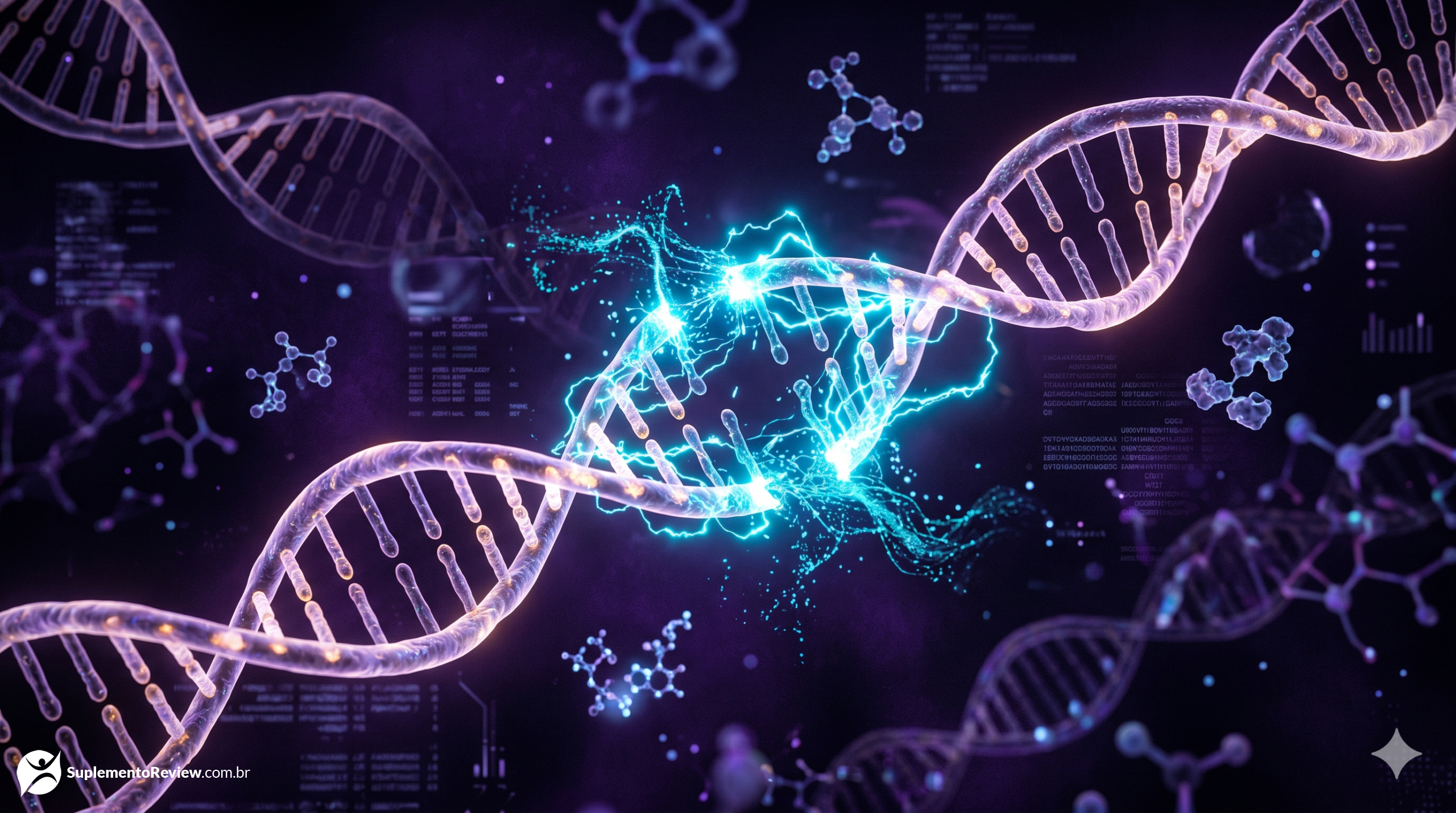 Representação 3D de uma fita de DNA sendo reparada por faíscas de energia ciano e violeta.