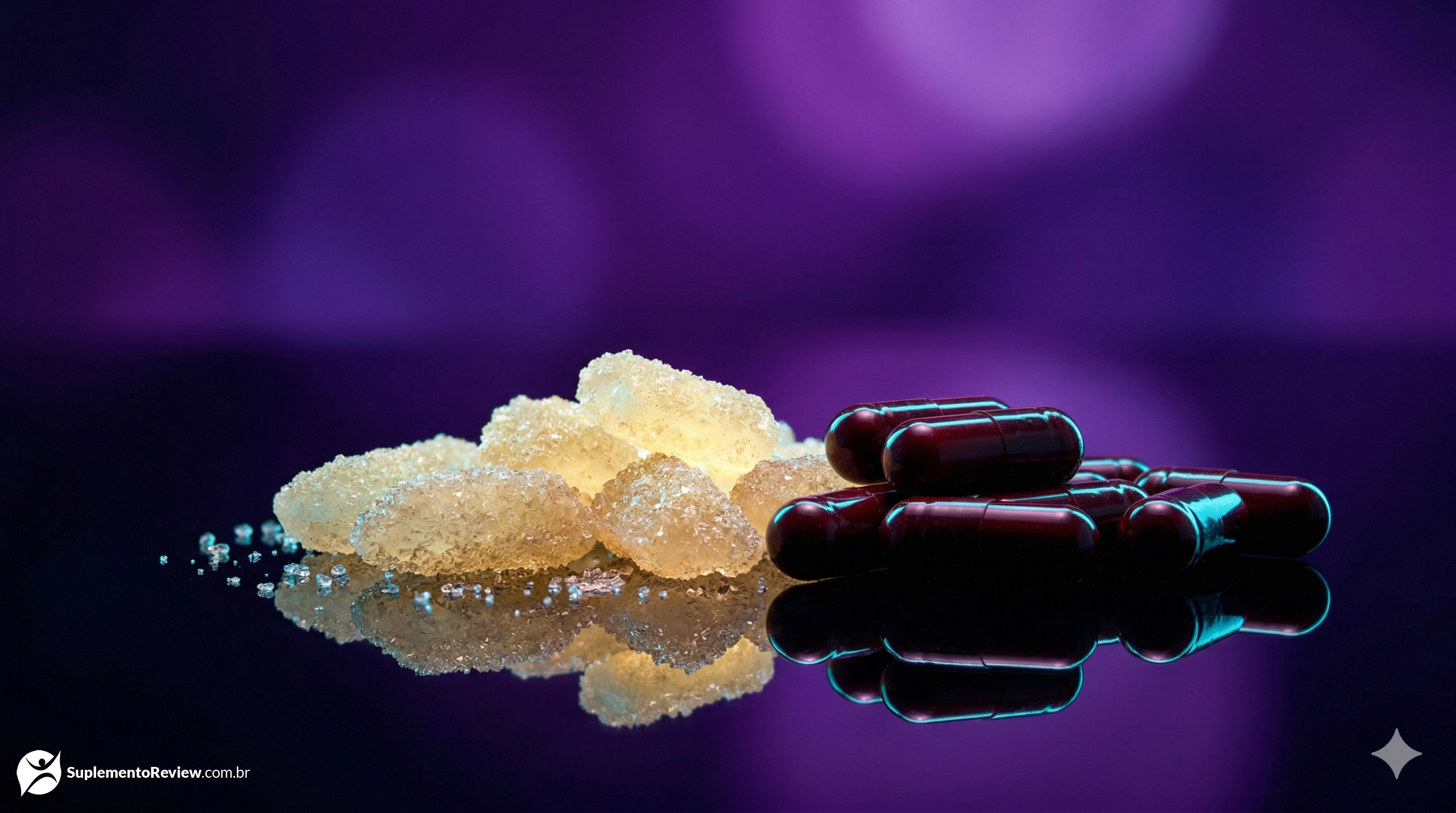Cápsulas escuras de extrato de tart cherry e cristais de glicina emitindo um brilho calmante em ciano sobre uma superfície elegante de vidro negro, imersas num ambiente luxuoso roxo e violeta.