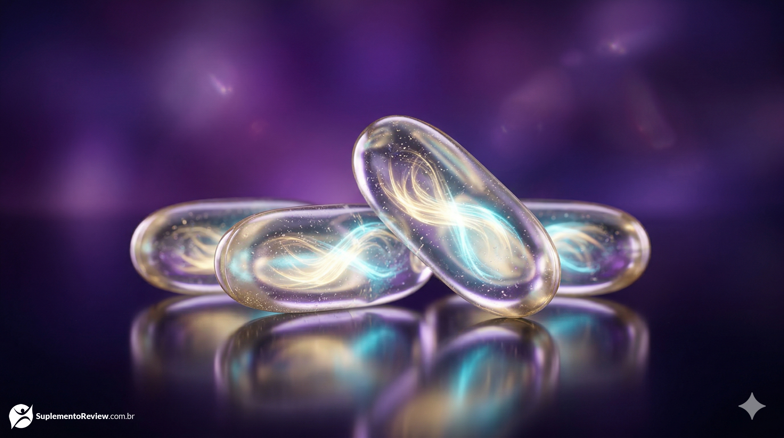 Cápsulas premium de suplementos para suporte mitocondrial emitindo um brilho ciano suave, dispostas sobre uma superfície escura e refletiva com um fundo sofisticado em tons de roxo e ametista.